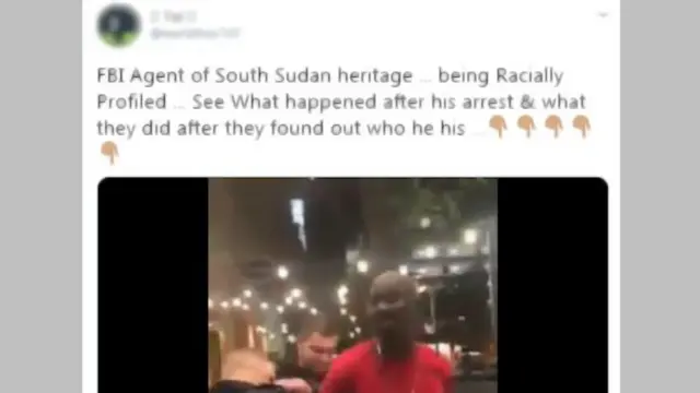 Screenshot of video showing two white policemen arresting a black man. The Twitter post above it says: "FBI Agent of South Sudan heritage ... being Racially Profiled ... See What happened after his arrest & what they did after they found out who he his ..."