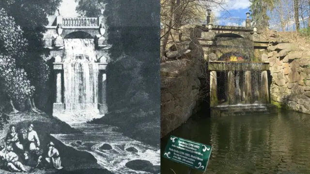 Грот Фетіди. Ліворуч - фрагмент картини з видання поеми Софіївка 1815р з книги Р. Афтаназі