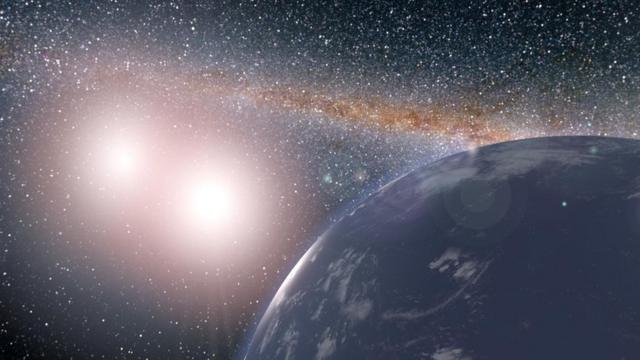 Imagem ilustrativa de estrelas binárias e planeta