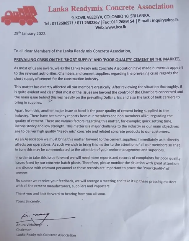 letter from lanka readymix association