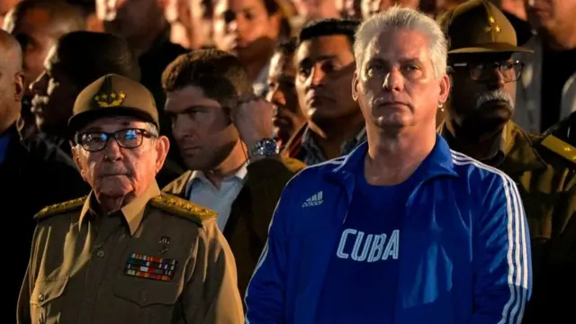 Former Cuban President Raul Castro (L) and Cuban President Miguel Diaz-Canel (R) participate in a torch march to celebrate Cuban National Hero Jose Marti in Havana, on January 27, 2020.