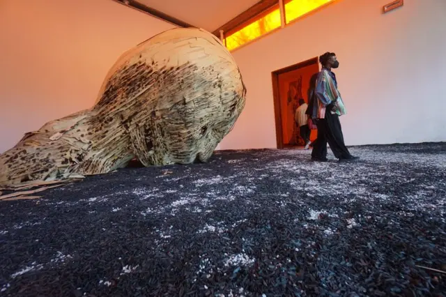 The Concert, an installation by Moroccan-French artist Latifa Echakhch in the Swiss Pavilion at the 59th International Art Exhibition in Venice, Italy.
