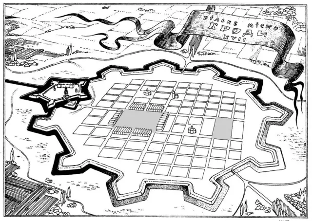 Схема Міста Броди. П'ятикутний бродівський замок - ліворуч