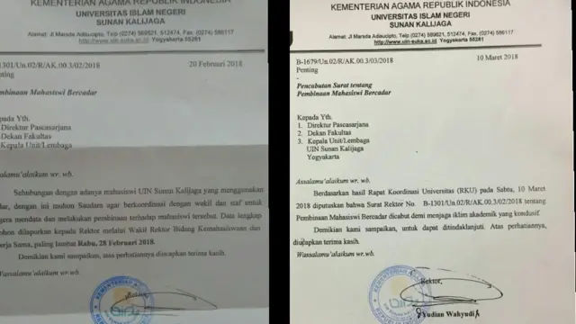 Surat Edaran mengenai pendataan dan pembinaan (kiri) dan Surat Edaran yang mencabut putusan sebelumnya (kanan).