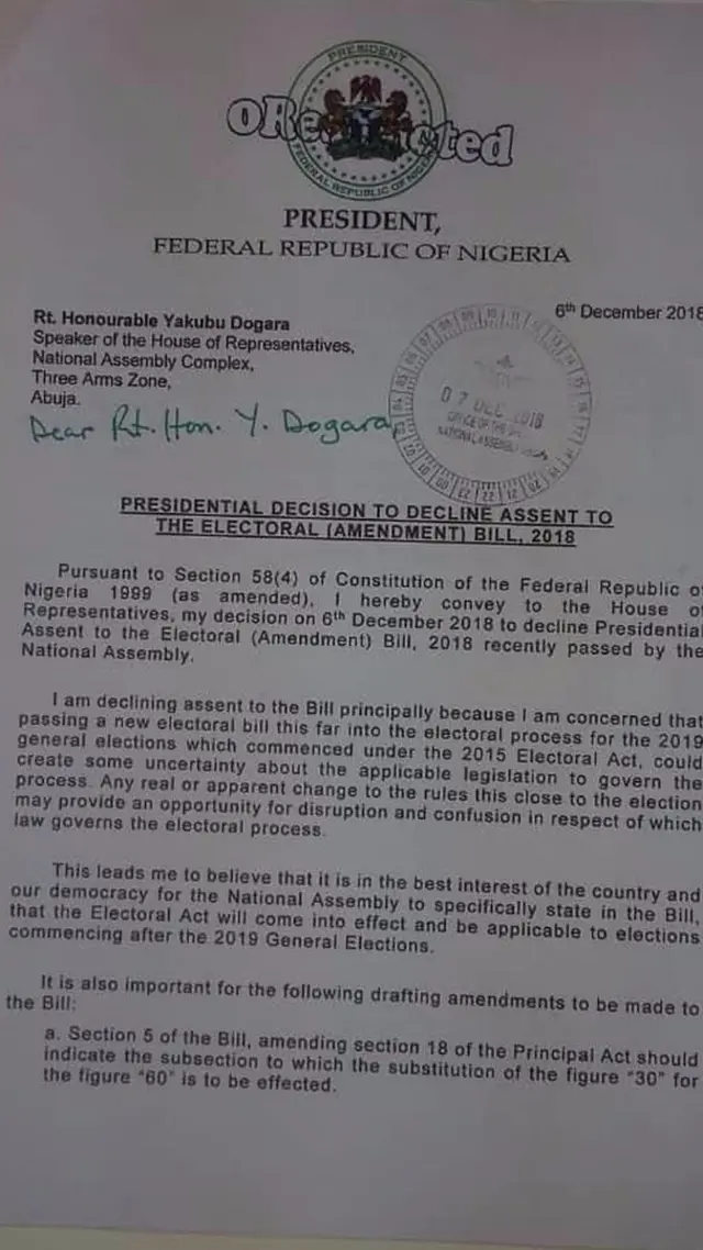 Presido Buhari letter to Yakubu Dogara di Speaker of di House of Representative