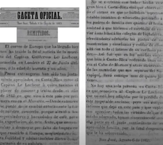 ´Necrología del diario Gaceta Oficial en 1863 que registra la muerte de William Le Lacheur