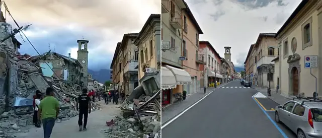 The earthquake badly damaged the centre of Amatrice, shown in these two pictures of the same street before and after the quake - 24 August 2016