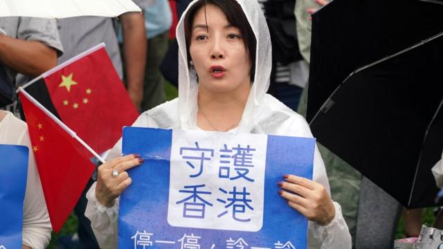 8月17日，香港建制派在金钟添马公园发起集会，反对一切形式的暴力。