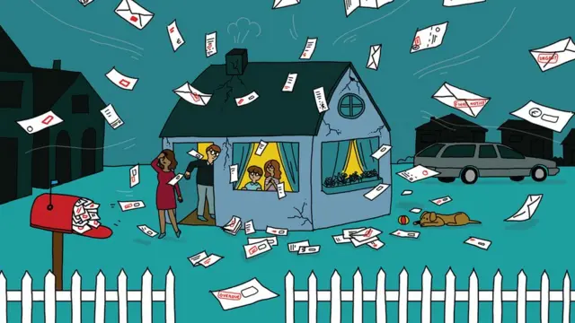 Ilustração de uma família com dezenas de contas caindo sobre ela