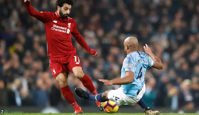 Mo Salah is fouled by Vincent Kompany
