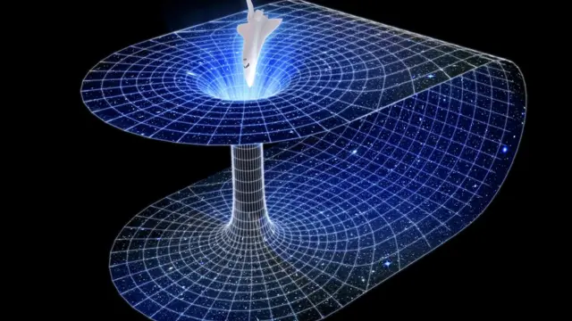 Ilustración de un túnel en el espacio con dos salidas