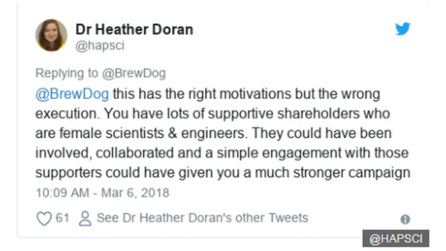 한 여성은 브루독의 트윗에 아쉬움을 표현했다