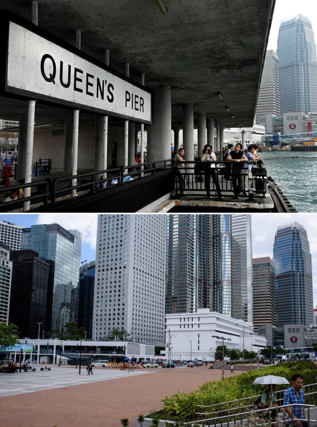 香港皇后碼頭（上；22/4/2007）與填海後的碼頭原址（7/6/2017）