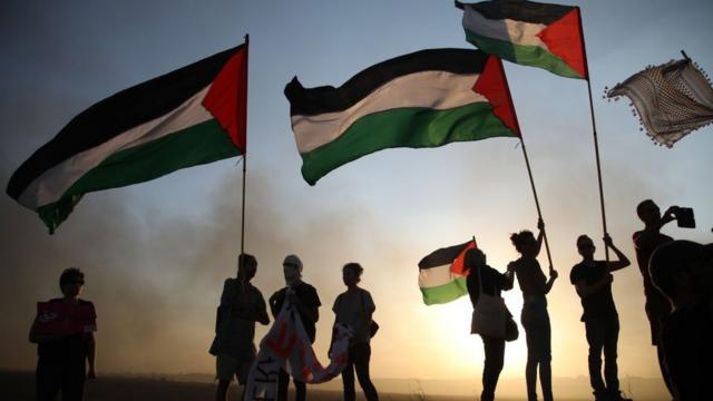 شباب يرفعون العلم الفلسطيني