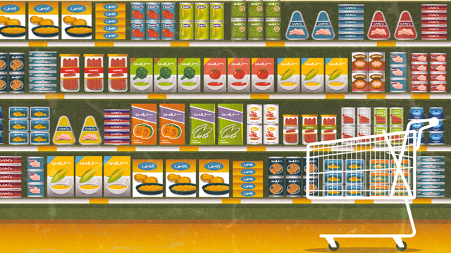 Illustration of a shop shelf filled with colourful products