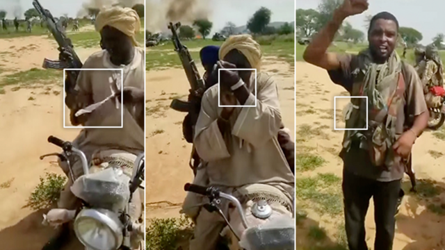 Dans les vidéos publiées sur les médias sociaux, on voit les miliciens porter des rubans blancs pour s'identifier.