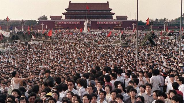 Manifestantes en la Plaza de Tiananmen en 1989