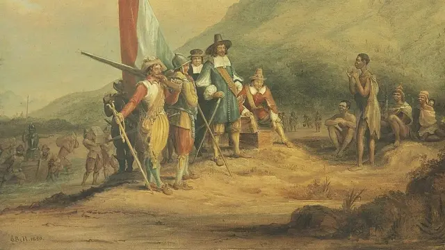 Jan van Riebeeck avec ses hommes au Cap de Bonne-Espérance, 17ème siècle.