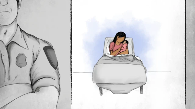 Una ilustración muestra a una mujer sosteniendo a su hija mientras afuera aguarda un agente de seguridad del gobierno de EE.UU.