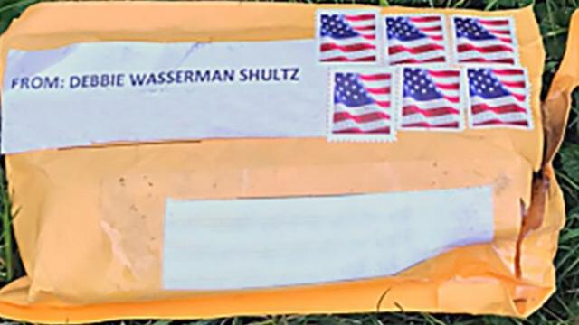One of the manila envelopes with a label with Debbie Wasserman Schultz's name on