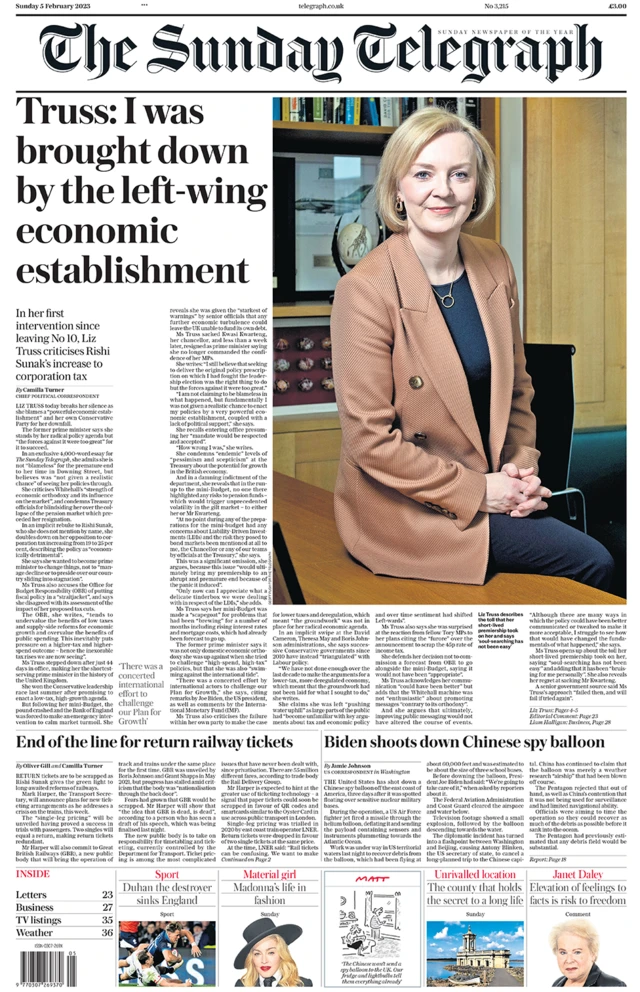 Front page of the Sunday Telegraph