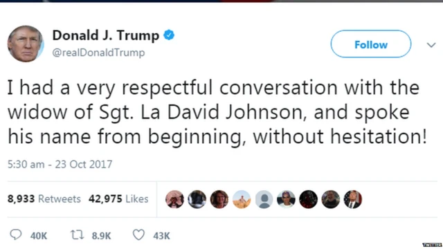 Tweet by donald Trump where he defended himdelf from the aligations of being insensitive