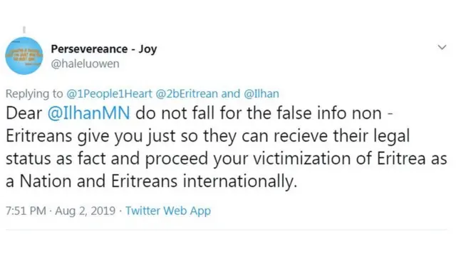 ትዊተር ምላሽ ንኢልሃን ኦማር