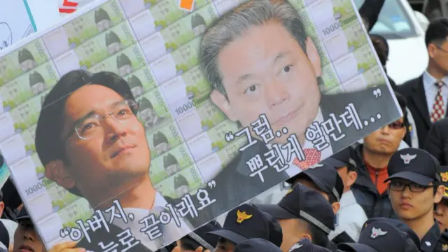 Cartel con imagen de Kun-hee y Jae-yong en unas protestas.