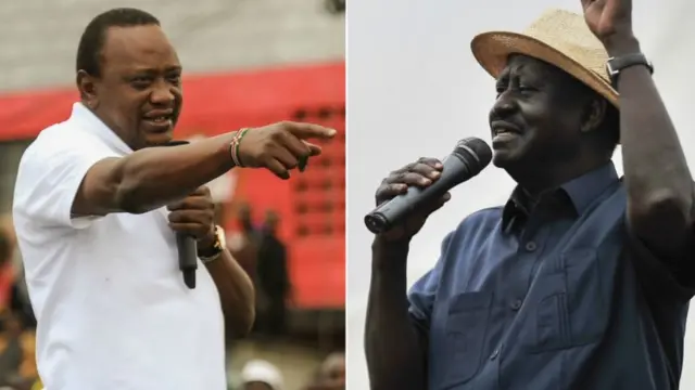 President Uhuru Kenyatta and opposition leader Raila Odinga side by side for di combo photo as dem dey talk to supporters for rally