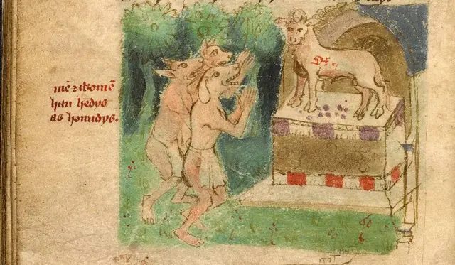 Humanos con cara de perro del manuscrito ilustrado de la Biblioteca Británica.