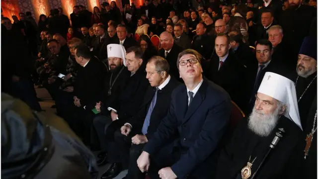 Патријарх Иринеј и председник Србије Александар Вучић и министар спољних послова Русије Сергеј Лавров, храм Светог Саве, фебруар 2018.