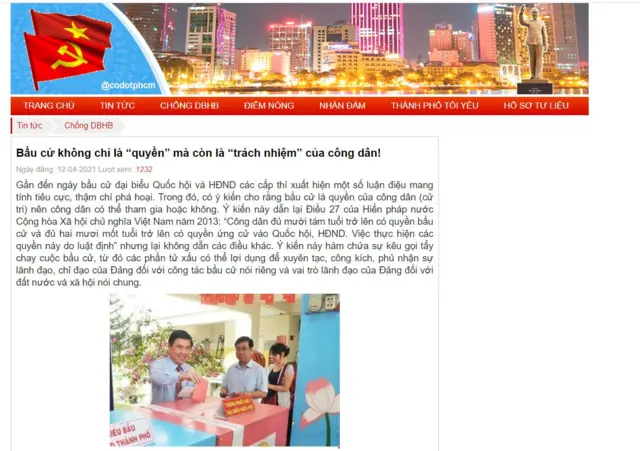 Tài liệu tuyên truyền bầu cử nhấn mạnh "trách nhiệm công dân" trên trang Cờ đỏ TP HCM, website được cho là của lực lượng dư luận viên