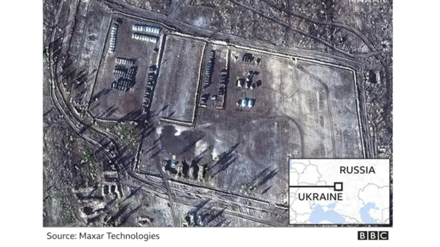 Photo 2. ယူကရိန်းအရှေ့ပိုင်း နယ်စပ်အနီး ပေါ်ဂိုနိုဗို ဒေသက ရုရှားတပ်ဖွဲ့ အုပ်စုတခု ဂြိုဟ်တုဓါတ်ပုံ