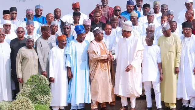 Buhari with di retired Generals wey endorse am
