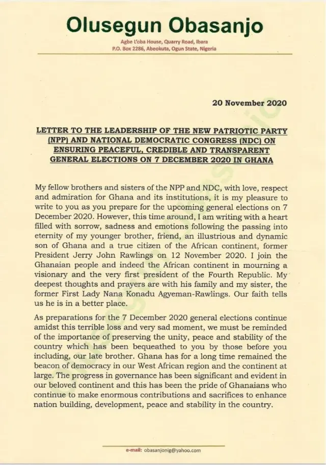 Ghana elections 2020: Olusegun Obasanjo open letter