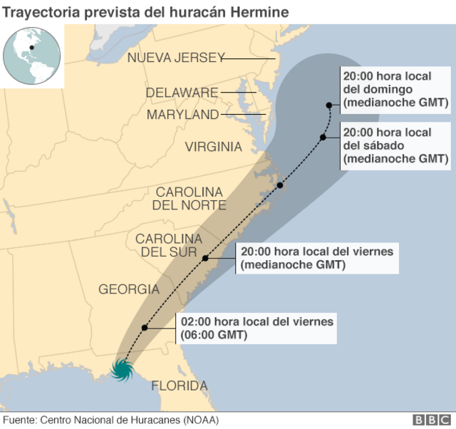 Mapa de la trayectoria prevista del huracán Hermine