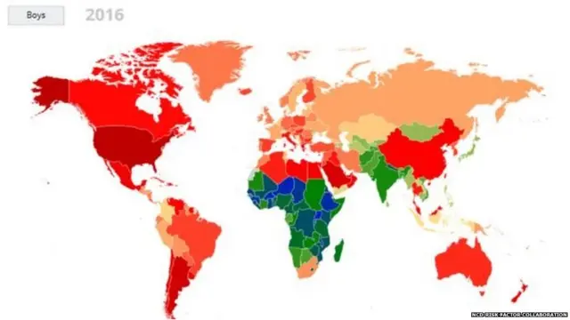 लाल रंग सर्वाधिक लठ्ठपणा दर्शवितो. त्यानंतर केशरी आणि पिवळा रंग हे लठ्ठपणाचं थोडं कमी प्रमाण दाखवतो. तर हिरवा आणि निळा रंग हा 5 टक्क्यांहून कमी तरुण लोकसंख्या लठ्ठ असल्याचं सांगतो.
