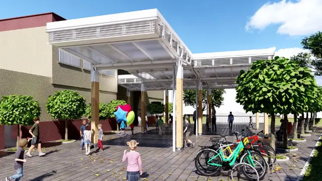 Ilustración de un patio de colegio con un sistema de enfriamiento