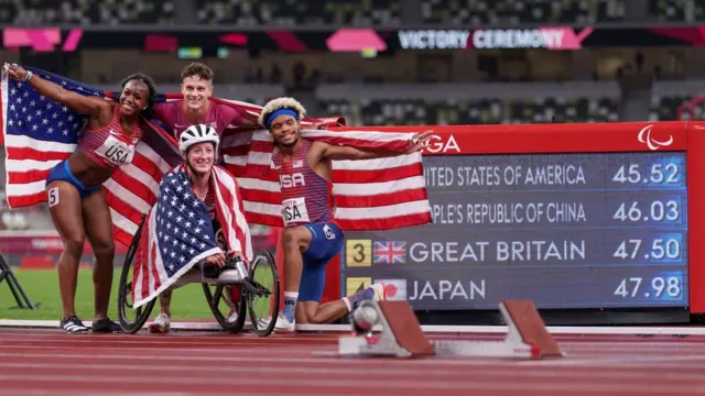 Handout photo dated 03/09/2021 provided by OIS of USA's Brittni Mason, Tatyana Mcfadden, Nick Mayhugh and Noah Malone celebrate winning the 4 x 100m Universal Relay Final at the Olympic Stadium during day ten of the Tokyo 2020 Paralympic Games in Japan. Picture date: Friday September 3, 2021. PA Photo. See PA story PARALYMPICS Athletics. Photo credit should read: Photo credit should read: Joe Toth for OIS/PA Wire.