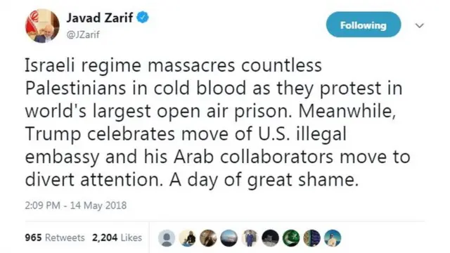 محمدجواد ظریف وزیر امور خارجه ایران در واکنش به افتتاح سفارت آمریکا در بیت‌المقدس و سرکوب خونین معترضان به این اقدام، امروز را "روز بسیار شرم آوری" توصیف کرده است