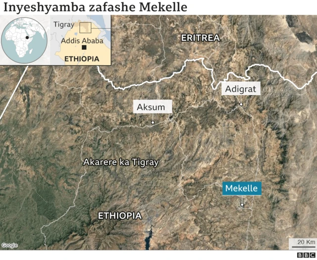 Ikarita y'akarere ka Tigray igaragaza n'umurwa mukuru Mekelle wafashwe n'inyeshyamba