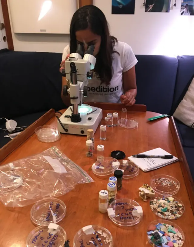 Leiva en el microscopio analizando muestras obtenidas del océano