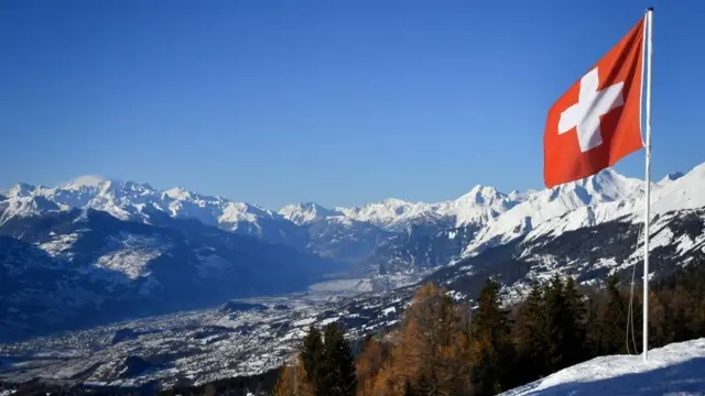 Bandera suiza y montañas