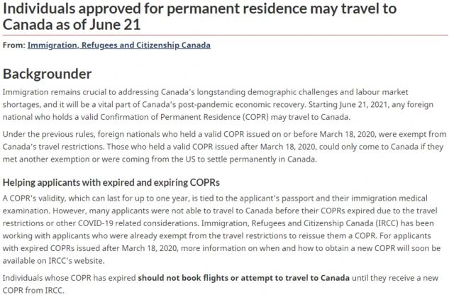 "Canada immigration news": [CanadaVisa permanent residence holders fit travel from June 21]