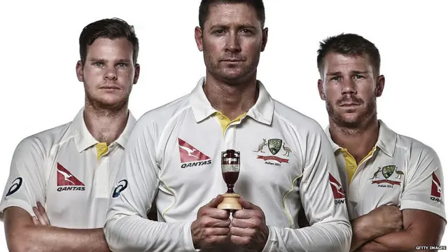 Steve Smith, Michael Clarke and David Warner of Australia poses during an Australian Cricket Team Ashes portrait session on June 1, 2015 in Roseau, Dominica.