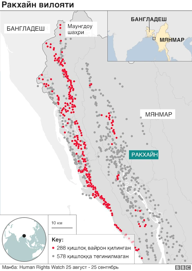Роҳингаларнинг куйиб кул бўлган қишлоқлари