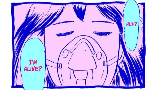 Illustration from Diary of My Daily Failures showing Eriko Kobayashi waking up at the hospital