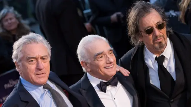 Robert De Niro, Martin Scorsese dan Al Pacino ketika menghadiri pemutaran perdana The Irishman.