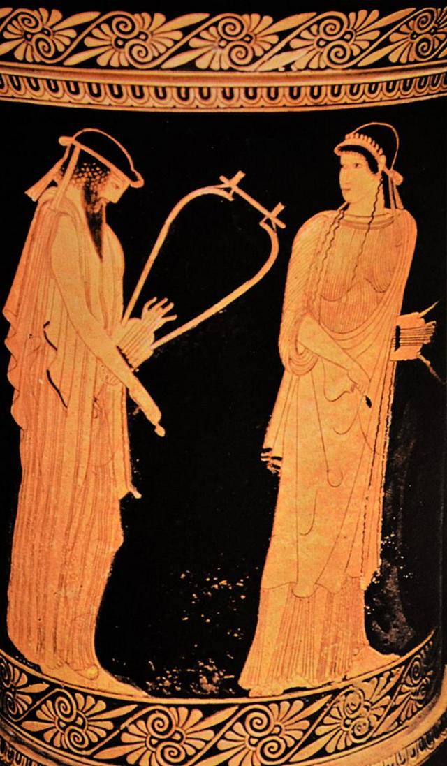 Poetas Alceo e Safo en uma cerâmica da Grécia Antiga
