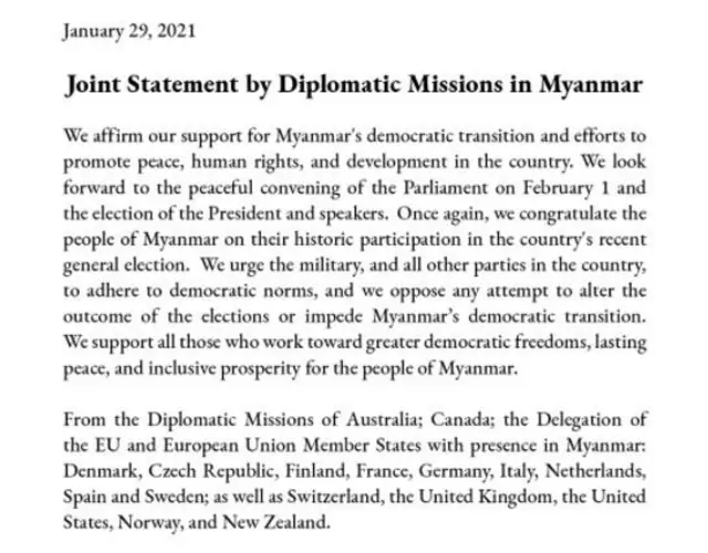 အမေရိကန်အပါအဝင် မြန်မာနိုင်ငံအခြေစိုက် သံရုံးတချို့ ပူးပေါင်းထုတ်ပြန်ချက်